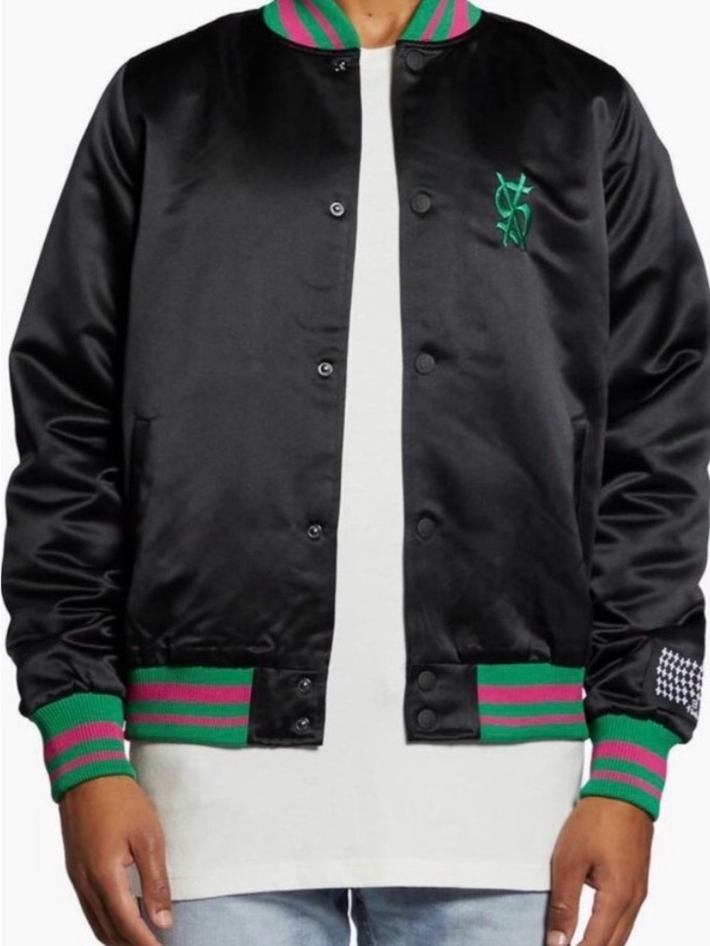 Ksubi Black Satin Bomber Jacket with Green & Pink Trim
